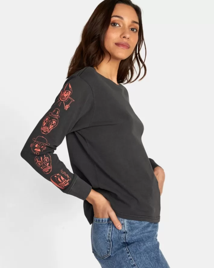 RVCA Camisetas Gráficas Dmote Gang Long Sleeve Tee Feminino | PEYFHD-327<MULHER Camisetas Gráficas